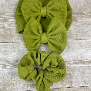 Olive •Hand Tied Bows and Scrunchies• Nylon headband, Headwrap, Piggies, or Alligator Clip