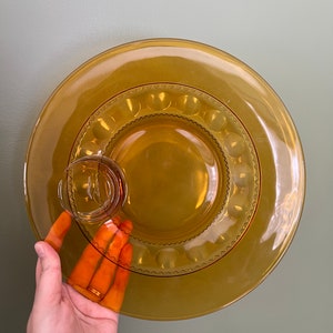 Indiana Glass Amber Kings Crown Vingerafdruk Snackbord | Snackset | Bord | Amber | MCM | Halverwege de eeuw | Boho