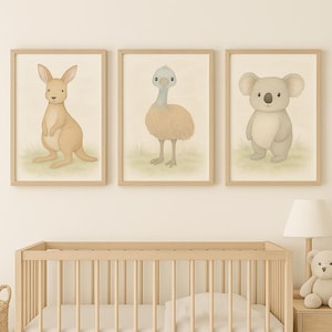 Australian Nursery Animal Prints – Kangaroo, Emu & Koala Wall Art Set, Neutral Baby Room Decor, Cute Outback Wildlife Illustrations