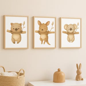 Australian Nursery Animal Prints – Wombat, Kangaroo & Koala Wall Art, Neutral Baby Room Decor, Cute Woodland Wildlife Set