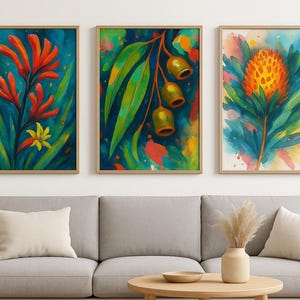 Australian Native Flower Wall Art Set – Kangaroo Paw, Gum Nuts and Banksia Prints, Vibrant Botanical Decor, Boho Australiana Home Style