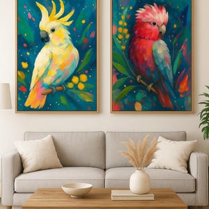 Colourful Cockatoo & Galah Wall Art Set – Australian Parrot Prints, Vibrant Bird Paintings, Modern Boho Decor, Tropical Wildlife Art