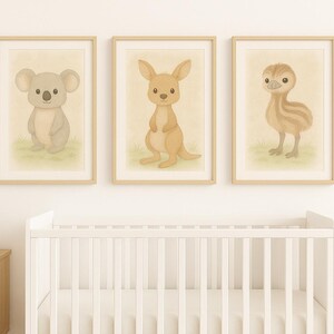 Australian Baby Animal Nursery Prints – Koala, Kangaroo & Emu Wall Art, Neutral Gender Nursery Decor, Soft Pastel Wildlife Set