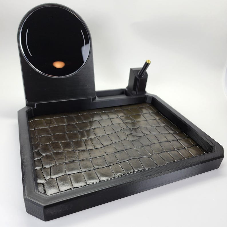 EDC Nightstand Organizer: Wireless Charger, Handgun Display, Leather Valet Tray 5. Green Crocodile