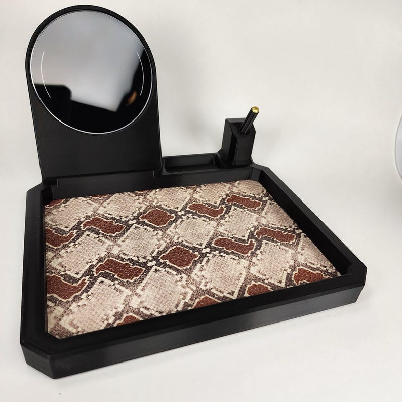 EDC Nightstand Organizer: Wireless Charger, Handgun Display, Leather Valet Tray 8 Snake Skin Print
