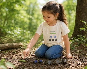 Camiseta infantil "La naturaleza cuenta", camiseta de aprendizaje Montessori, camiseta para aprender sobre la naturaleza, camiseta gráfica infantil para actividades al aire libre.