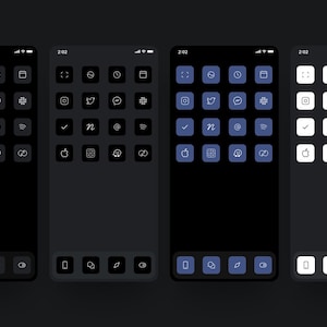 Peut inclure: Quatre smartphones affichant différents thèmes d'icônes d'applications. Les icônes sont disposées en grille, avec des variations de couleurs et de styles. Les écrans montrent des icônes d'applications de médias sociaux et utilitaires dans des thèmes sombres et clairs.