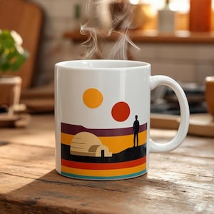 Binaire zonsondergang koffiemok: cadeau scififilmliefhebber, galactische drinkgerei voor Star Wars-fans