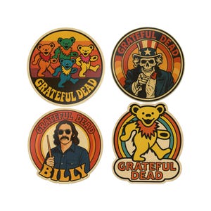May include: Four circular stickers featuring Grateful Dead imagery. Designs include dancing bears in various colors, Uncle Sam skeleton, a portrait of Billy, and a dancing bear over a rainbow. Each design has the words "Grateful Dead".