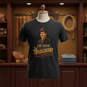 May include: Black t-shirt featuring a vintage-style illustration of a man in a hat with the text "I'M YOUR HUCKLEBERRY" in a decorative font. The design is in shades of brown and gold.