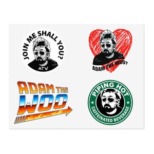 May include: Four stickers with a man wearing sunglasses. The stickers have text that reads "Join Me Shall You?", "Adam The Woo?", "Adam The Woo", and "Piping Hot Caffeinated Beverage".