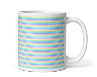 Cornsilk and lavender pastels striped 325ml or 440ml white glossy ceramic mug, 11oz, 15oz, coffee cup, tea cup, wedding favours, POD