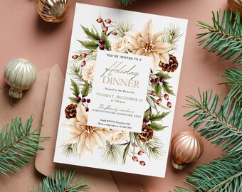 Christmas Party Invitation Template, Rustic Floral Wreath Invitation, Holiday Dinner Invitation Card, Christmas Invitation Card-Printable