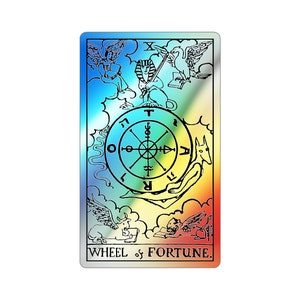 Adesivo holográfico cortado da carta de tarô da roda da fortuna