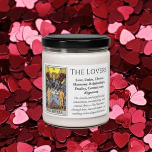 The Lovers Tarot Card Candle - Scented Unscented Soy 9oz - Love, Relationships, Connections, Harmony, Duality (Color) Witchy Girlfriend Gift