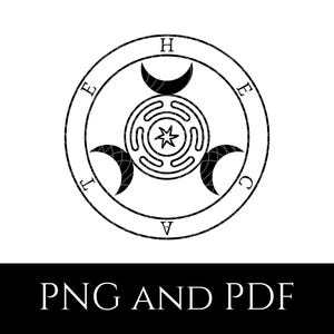 May include: Black and white illustration of a circle with the letters H, E, A, I, C, E around the outside. Inside the circle is a three-pointed star with a circle in the center. The star is surrounded by three crescent moons.