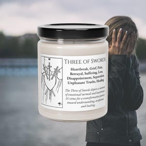 Vela de la carta del tarot Tres de espadas, con o sin aroma, de soja, 9 oz, para curar y limpiar el dolor, la angustia, la pena y la traición