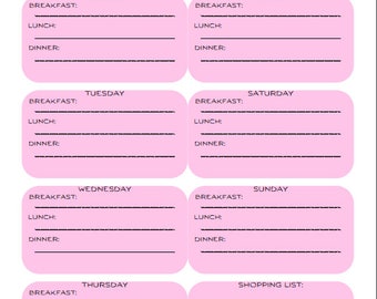 May include: A pink weekly meal planner with a blank space for each day of the week to write in breakfast, lunch, and dinner. There is also a section for a shopping list.