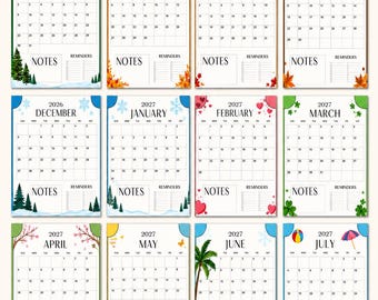 Può includere: Un calendario da parete accademico 2026-2027 con dodici pagine mensili e illustrazioni stagionali. Ogni pagina include una griglia per le date, una sezione per le note e un elenco di promemoria. Il testo recita 2026-2027 Academic Wall Calendar.
