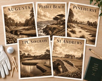 Può includere: Cinque stampe artistiche color seppia raffiguranti Augusta National, Pebble Beach, Pinehurst No. 2, TPC Sawgrass e St Andrews Old Course. Include un guanto da golf bianco, una pallina da golf Titleist, tre tee in legno, una matita e un taccuino verde.