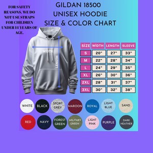 May include: A light gray Gildan 18500 unisex hoodie with a size and color chart. The chart lists sizes S to 3XL, with measurements in inches for width, length, and sleeve length. Available colors include white, black, and red.