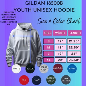 May include: A white Gildan 18500B youth unisex hoodie with a size and color chart. The chart shows measurements for sizes S-XL, with widths ranging from 17" to 20" and lengths from 21.25" to 25.50". Available colors include white, black, and red.