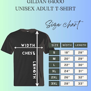 K&ouml;nnte beinhalten: Schwarzes Gildan 64000 Unisex-Erwachsenen-T-Shirt mit Gr&ouml;&szlig;entabelle. Die Tabelle zeigt Brustbreite und -l&auml;nge in Zoll f&uuml;r die Gr&ouml;&szlig;en S bis 3XL, von 45.7cm bis 71.1cm Breite und 71.1cm bis 83.8cm L&auml;nge.