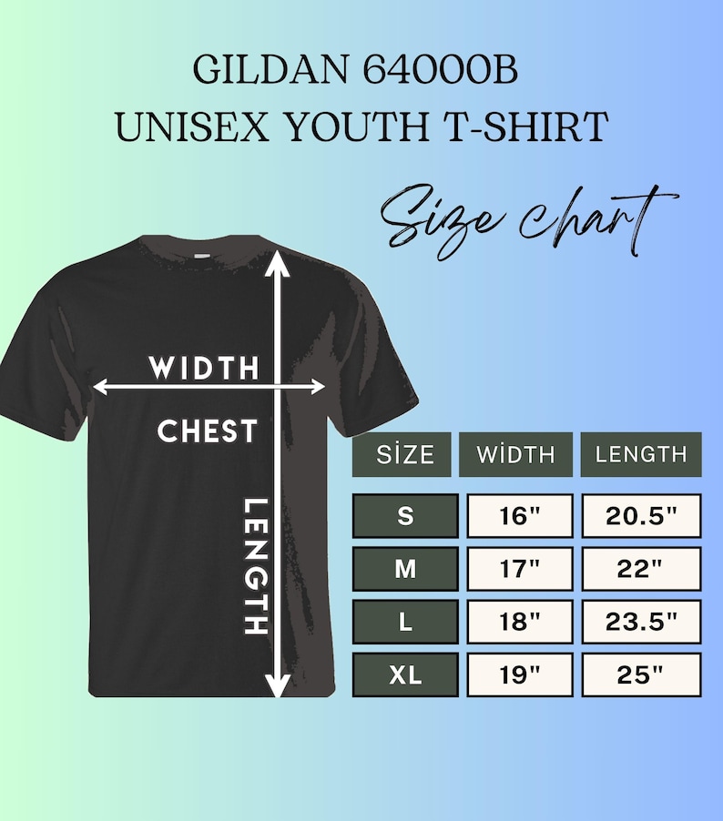 K&ouml;nnte beinhalten: Schwarzes Gildan 64000B Unisex-Jugend-T-Shirt mit Gr&ouml;&szlig;entabelle. Die Tabelle zeigt die Ma&szlig;e f&uuml;r die Gr&ouml;&szlig;en S, M, L und XL. Die Breitenmessungen reichen von 40,6 cm bis 48,3 cm, und die L&auml;ngenmessungen von 52,1 cm bis 63,5 cm. Der Text "Size chart" ist kursiv.