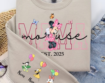 Custom Mama Mouse Est.2025 Sweatshirt, Mama With Kid Name on Sleeve Sweatshirt, Happy Mother's Day Sweatshirt, Mom Mouse custom name
