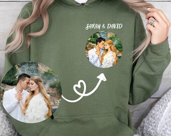 Portrait Valentine Couple Gift Hoodie, Custom Personalized Couple Photo Hoodie, Romantic Gift for Him & Her, Wedding or Anniversary Gift