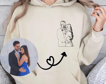 Portrait Valentine Couple Gift Hoodie, Custom Personalized Couple Photo Hoodie, Romantic Gift for Him & Her, Wedding or Anniversary Gift