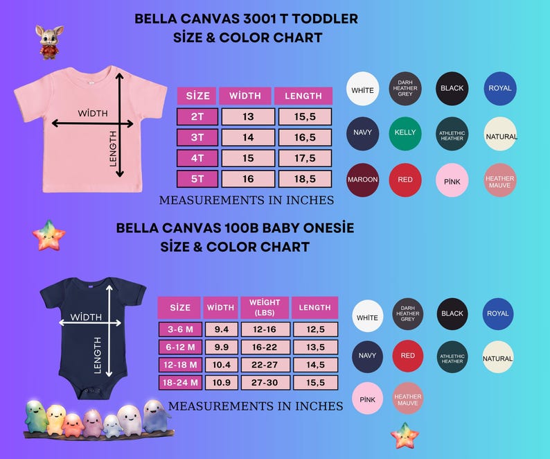 K&ouml;nnte beinhalten: Gr&ouml;&szlig;en- und Farbtabelle f&uuml;r Bella Canvas Kleinkind-T-Shirts und Baby-Bodys. Die Tabelle enth&auml;lt Ma&szlig;e in Zoll f&uuml;r die Gr&ouml;&szlig;en 2T bis 5T und 3-6M bis 18-24M. Farboptionen sind Wei&szlig;, Schwarz, Marine, Rot und Pink.