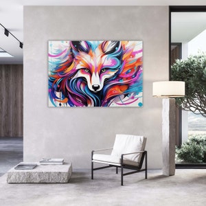 Arte de parede em tela | Raposa neon | Decoração de casa com arte animal, decoração de escritório, casa e escritório vibrantes e coloridos