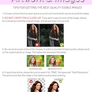 May include: Tips for getting the best quality edible images.  The image shows two examples of a woman in a photo, one with a low resolution and one with a high resolution.  The image also shows two examples of a PNG file, one that is a fake PNG file and one that is a true PNG file.