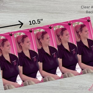 May include: A clear acetate backing holds a series of five images, each featuring a woman in a black polo shirt. The images are 10.5 inches wide and 6 inches tall. The images are set against a pink background.