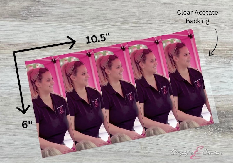 May include: A clear acetate backing holds a series of five images, each featuring a woman in a black polo shirt. The images are 10.5 inches wide and 6 inches tall. The images are set against a pink background.