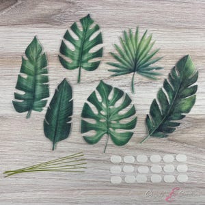 May include: A set of six green tropical leaf cutouts, a pack of white adhesive dots, and a bundle of green stems. The leaves are made of paper and are perfect for crafting or decorating.