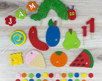 Storybook-Inspired Edible Fondant Set – Caterpillar, Fruits, and Colorful Dots
