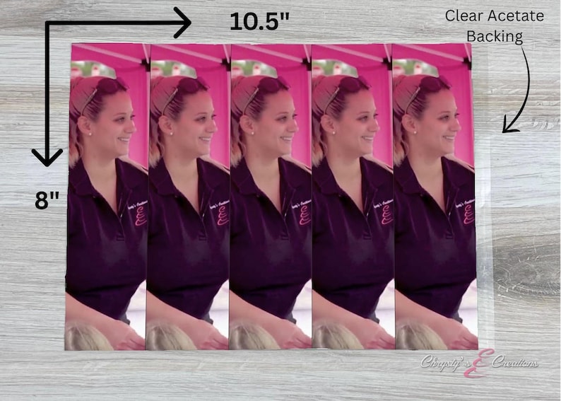 May include: A clear acetate backing holds five vertical images of a woman in a dark purple polo shirt. The images are 8 inches by 10.5 inches. The woman is smiling and wearing a headband and sunglasses.