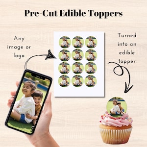 May include: A sheet of pre-cut edible cupcake toppers featuring a photo of two children. The photo is turned into an edible topper.