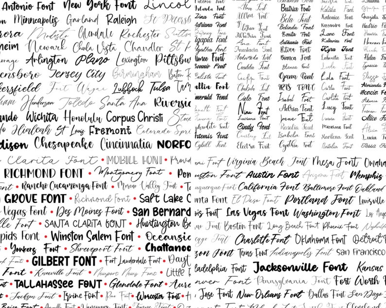 May include: A black and white image with a list of city names written in a variety of cursive fonts. Each city name is followed by the word "Font".