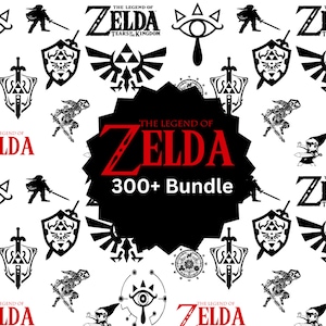 May include: A black and white graphic design featuring the Legend of Zelda logo, characters, and symbols. The text "300+ Bundle" is in red and white.
