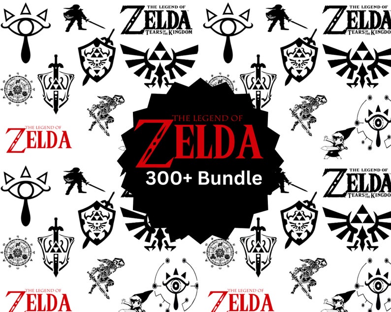 May include: A black and white graphic design featuring the Legend of Zelda logo, characters, and symbols. The text "300+ Bundle" is in red and white.
