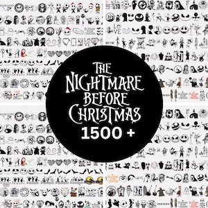 May include: A black and white image featuring over 1500 different designs of characters and symbols from the movie "The Nightmare Before Christmas".