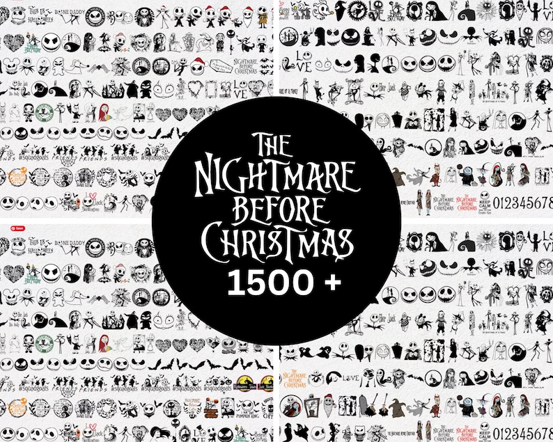 May include: A black and white image featuring over 1500 different designs of characters and symbols from the movie "The Nightmare Before Christmas".
