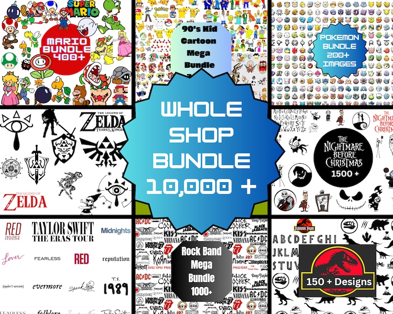 May include: A collage of nine images showcasing various digital design bundles. The center image features a blue background with the text "WHOLE SHOP BUNDLE 10,000+". The other images include bundles of characters from popular video games, cartoons, and movies, such as Mario, Zelda, Pokemon, and The Nightmare Before Christmas.