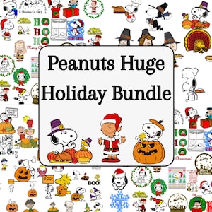 May include: A digital clipart bundle featuring Peanuts characters celebrating various holidays, including Christmas, Thanksgiving, Halloween, and more. The image includes a variety of poses and expressions, with a focus on Snoopy and Woodstock.
