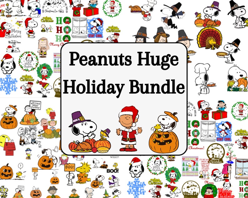 May include: A digital clipart bundle featuring Peanuts characters celebrating various holidays, including Christmas, Thanksgiving, Halloween, and more. The image includes a variety of poses and expressions, with a focus on Snoopy and Woodstock.