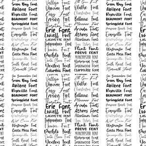 May include: A black and white image with a list of city names in a handwritten font style. Each city name is followed by the word "Font".