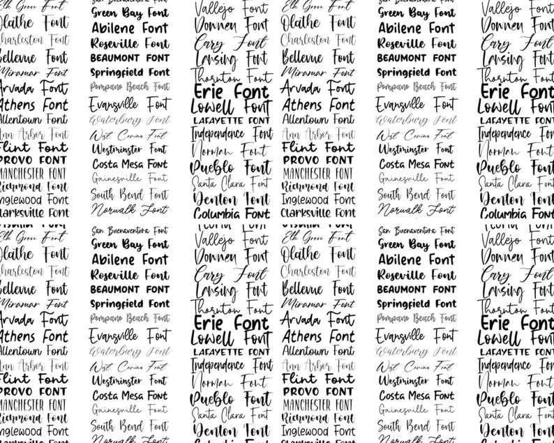 May include: A black and white image with a list of city names in a handwritten font style. Each city name is followed by the word "Font".